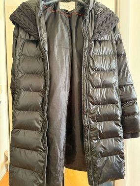 Rachel Black Quilted Long Puffer Coat with Knit-Trim Hood